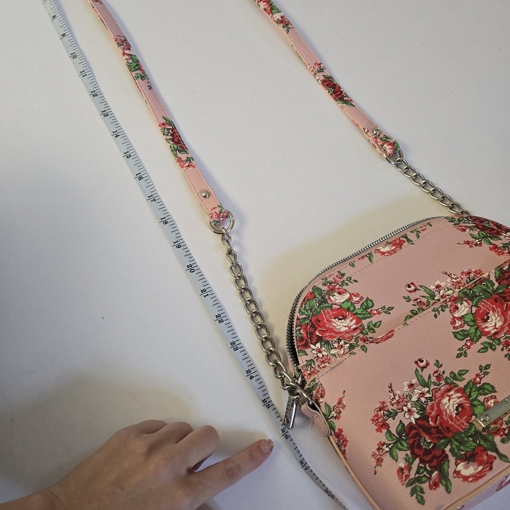 Betsey Johnson pink floral roses faux leather cross body with chain bow accent - Picture 10 of 12